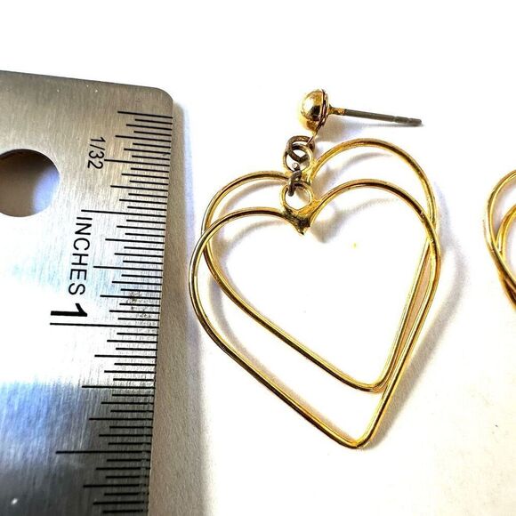 Gold tone double heart dangling earrings - Picture 4 of 4